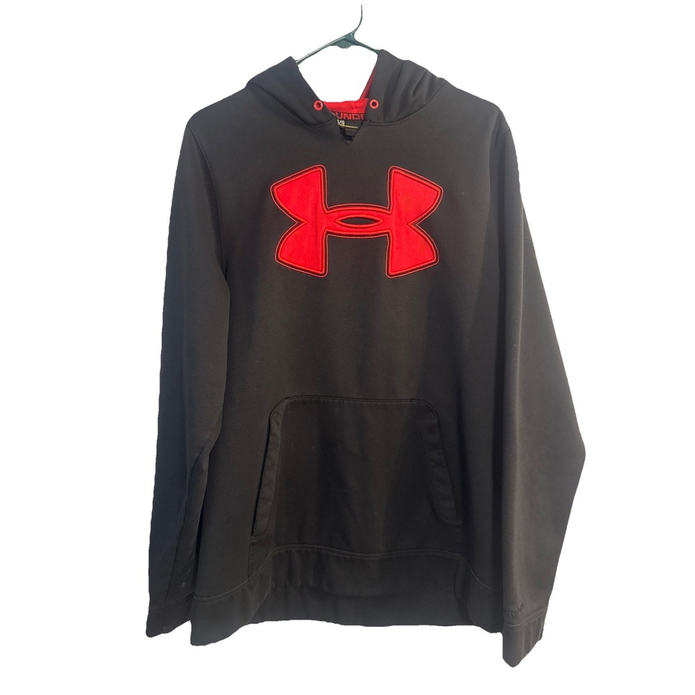 Under Armour Men's Large Black Hoodie Red‎ Logo Pullover Sweatshirt Loose Fit